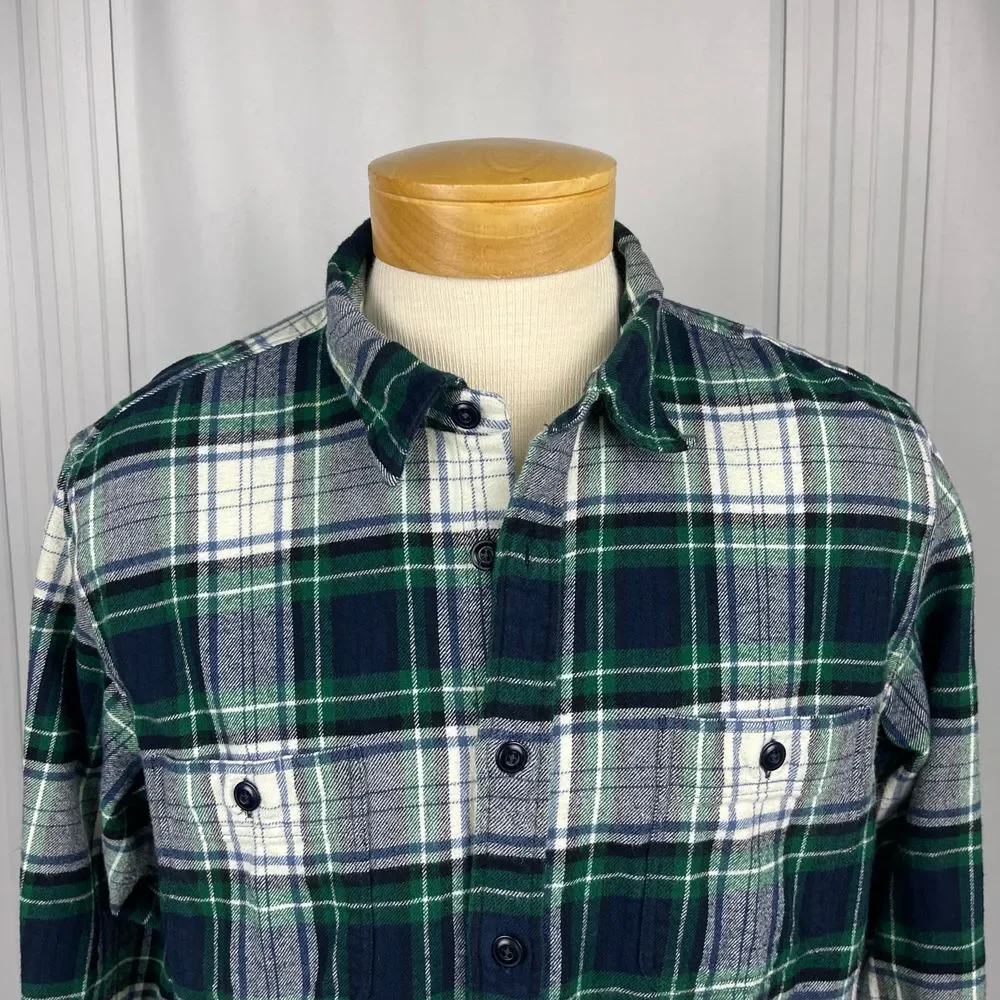 J.‎ Crew-Double Brushed Flannel Plaid Button Down Shirt-Slim Fit -Green Navy-XL